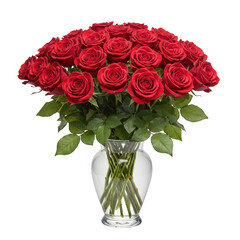 Romantic red roses in glass vase isolated on transparent background