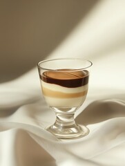 Vla in Glass Cups. Vanilla and Chocolate Layers, Light Background