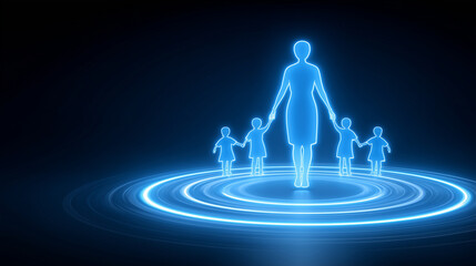 Holographic family silhouette in glowing concentric rings