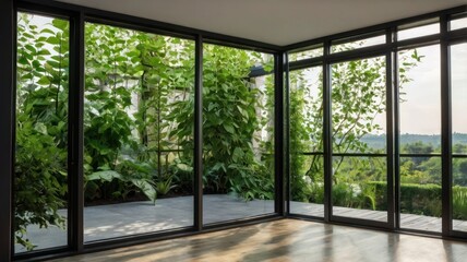 A bright, modern yoga studio with large windows overlooking a lush green garden.	
