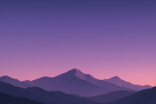 Anime-style illustration of layered mountain ranges under a soft purple and pink sunset sky, perfect for a relaxing lofi vibe