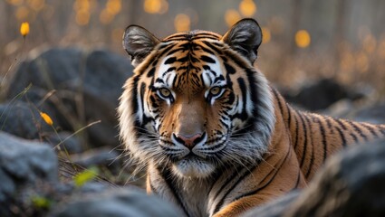 Fototapeta premium A close-up of a tiger in its natural habitat, showcasing its distinctive striped fur and piercing eyes amidst rocks and autumn foliage.