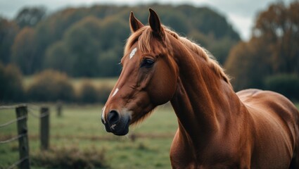 Obraz premium A horse in a pasture with trees in the background.