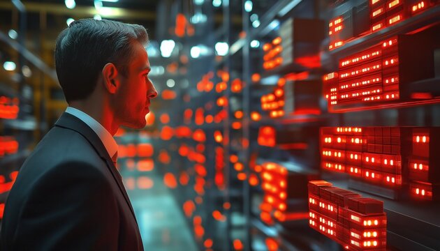 Businessman Analyzing Critical Data in Warehouse Supply Chain Disruption Logistics Issu