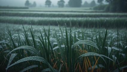 Lush green rice paddies with dew-covered grass in a rural landscape during early morning, with a distant tree line and foggy atmosphere.