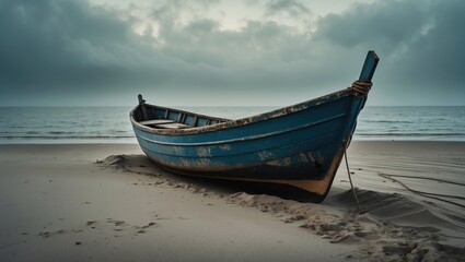 Naklejka premium A boat resting on the beach with the ocean and cloudy sky in the background.