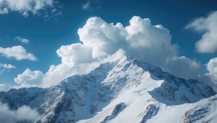 Snowy mountain peak with clouds in the sky.