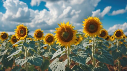 Fototapeta premium Sunflower field under a partly cloudy sky with vibrant blooms and green leaves.