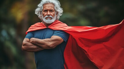 Fototapeta premium Powerful Senior Man in Red Superhero Cape Outdoors
