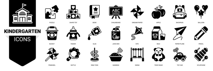 Kindergarten icon set. Containing icon of puzzle ,shape toy ,origami ,chalkboard ,backpack ,balloon ,feeder ,pinwheel ,rattle and more. Outline mixed black icons vector symbol background.