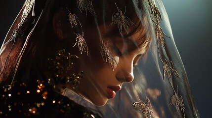 A media-ready photo with balanced aesthetics modern bride's bold style: velvet tiara, glowing eyelashes, oversized earrings - a fashionable closer look.