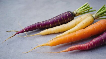 Colorful fresh carrots on gray background
