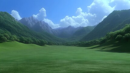 Vast expanse of vibrant green grass stretches between sloping hillsides.