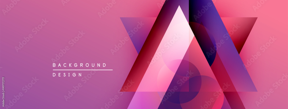 Poster abstract geometric shapes overlap, creating vibrant pink purple gradient background. modern design e