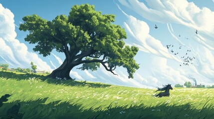 Einsamer Baum in grüner Landschaft unter einem Himmel mit Wolken und Vögeln
