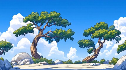 Stilisierte Baumlandschaft, sonniger Himmel, digitale Malerei