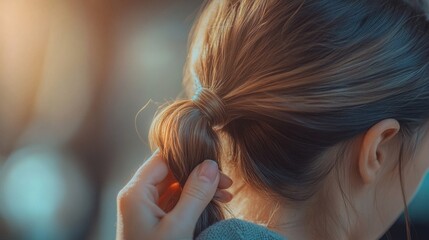 Fototapeta premium Woman Adjusting Ponytail Outdoors in Golden Sunlight