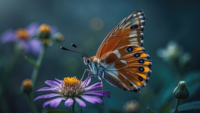 Butterfly perched on a purple flower with blurred background, nature, and wildlife.