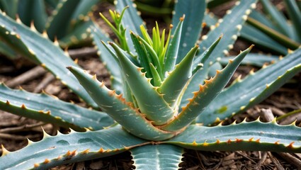 Obraz premium Aloe Vera plant with thick, spiky leaves growing in soil.