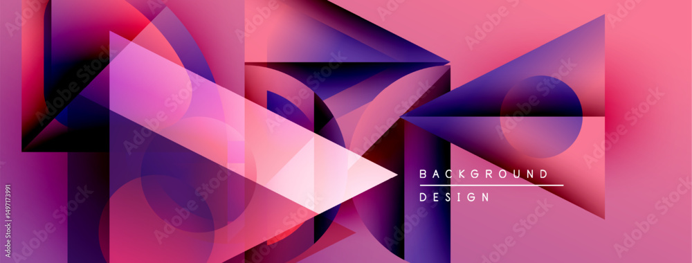 Poster Abstract geometric shapes overlap, creating vibrant pinks, purples, blues. Modern design elements suggest dynamic visual experience.