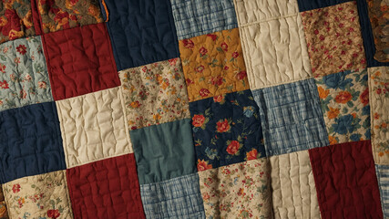 Colorful Patchwork Quilt with Floral Fabric Squares
