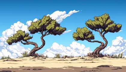 Stilisierte Bäume in Wüstenlandschaft unter blauem Himmel