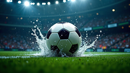 Naklejka premium A soccer ball is captured mid-air near the goalpost, with stadium lights illuminating the scene.