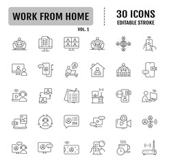 Working from home line editable icon set. Contains icons related to remote working, freelance, hybrid work, digital nomad, office, work at home, and more. Vector illustration