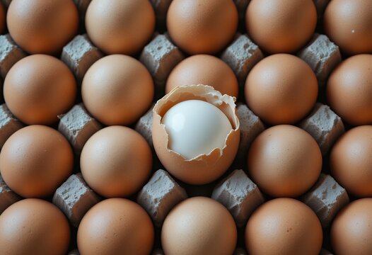 Close up of multiple brown eggs in carton with one cracked open revealing a white egg inside