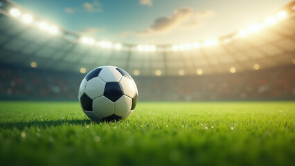 Fototapeta premium A soccer ball sits on a well-lit stadium field, surrounded by vibrant green grass and dramatic stadium lighting.