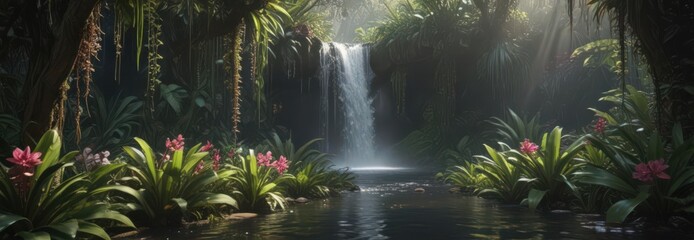 Sunlight Dapples Secluded Waterfall Hidden