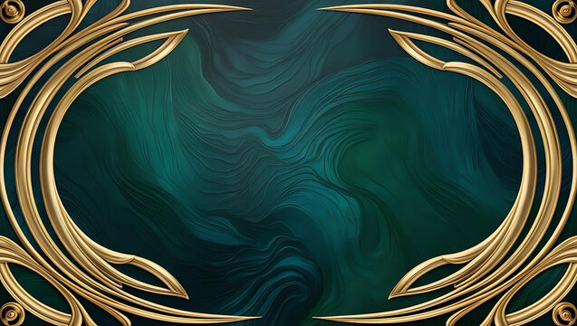 Elegant gold ornamental frame with dark green swirling background, suitable for formal invitations, luxury event announcements, or sophisticated branding in an art nouveau style.