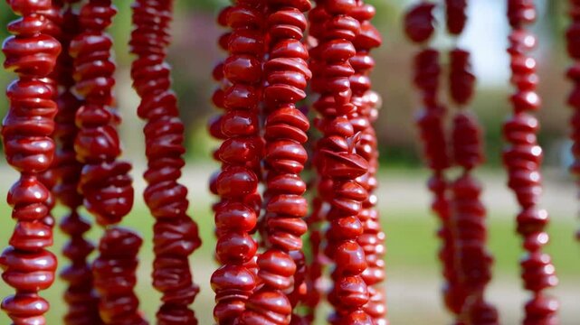 Close-up of traditional churchkhela sweets hanging in rows outdoors against a blurry green background, focus on bright red candied fruit strands