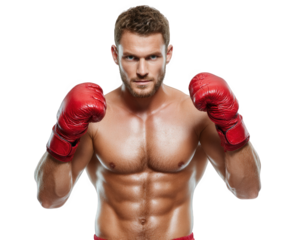 Young man with muscular build is posing in boxing stance, wearing red boxing gloves. His expression is focused and determined, showcasing strength and confidence