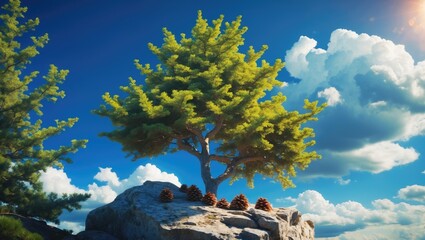 A tree growing on rocks with pinecones, under a partly cloudy sky and bright sunlight. Nature scene with vibrant colors and clear sky.