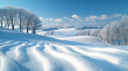 Obraz premium Serene Winter Landscape with Snow-Covered Hills and Leafless Trees