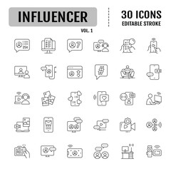 Influencer icon set. Containing follower, social media, promotion, passion, celebrity, influence, content, community and marketing icons. Vector illustration