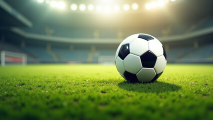 Naklejka premium A soccer ball sits on a well-lit stadium field, surrounded by vibrant green grass and dramatic stadium lighting.