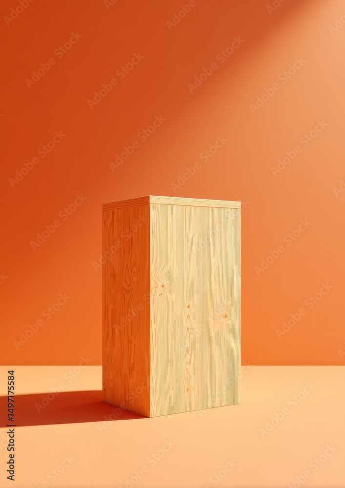 Poster minimalist industrial design showcase raw pine podium in monochromatic orange - emerging trend in pr