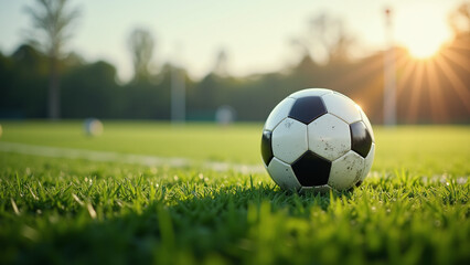 Fototapeta premium A soccer ball sits on a well-lit stadium field, surrounded by vibrant green grass and dramatic stadium lighting.