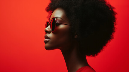 A top-tier content-ready image fashion forward: bold personality with a vibrant flair – an eclectic collection of red-framed eyewear worn by an individual with an afro

or more concise:

vibrant and.