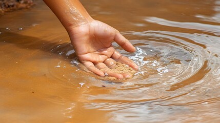 Fototapeta premium Child's Hand Playing with Sand and Water, Closeup Shot