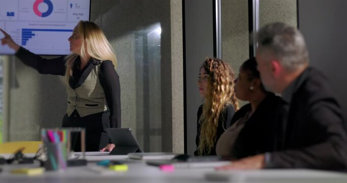 Female boss scolds employee for checking phone during presentation in tense office meeting, asserting authority and addressing disrespectful behavior in corporate setting