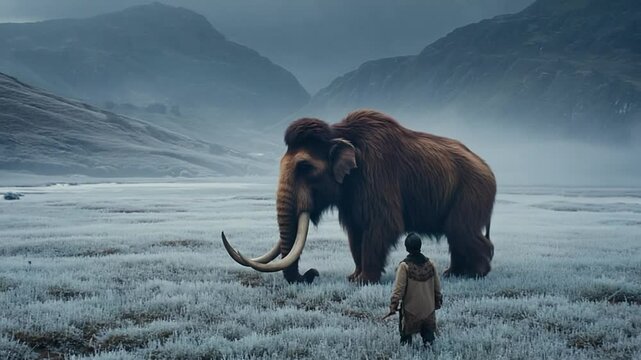 Majestic woolly mammoth in a snowy, prehistoric landscape. Perfect for history, paleontology, and ancient animal themes. Ideal for ice age and wildlife concepts