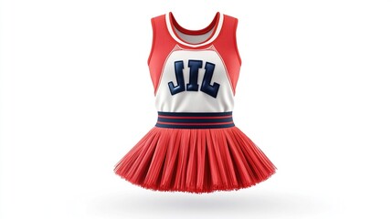 Red and white cheerleading outfit, sleeveless top with navy lettering, and a full tutu skirt