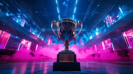 Award ceremony trophy in neon lit arena
