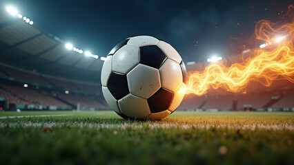 Fototapeta premium A soccer ball is engulfed in flames on a stadium field, creating a dramatic and intense visual effect.