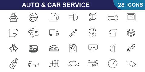 Auto and car service maintenance icon set. Car, wash, shop, oil, diagnostic, engine, repair and tire collection. Set of 28 auto service and garage web icons in line style. Vector illustration.