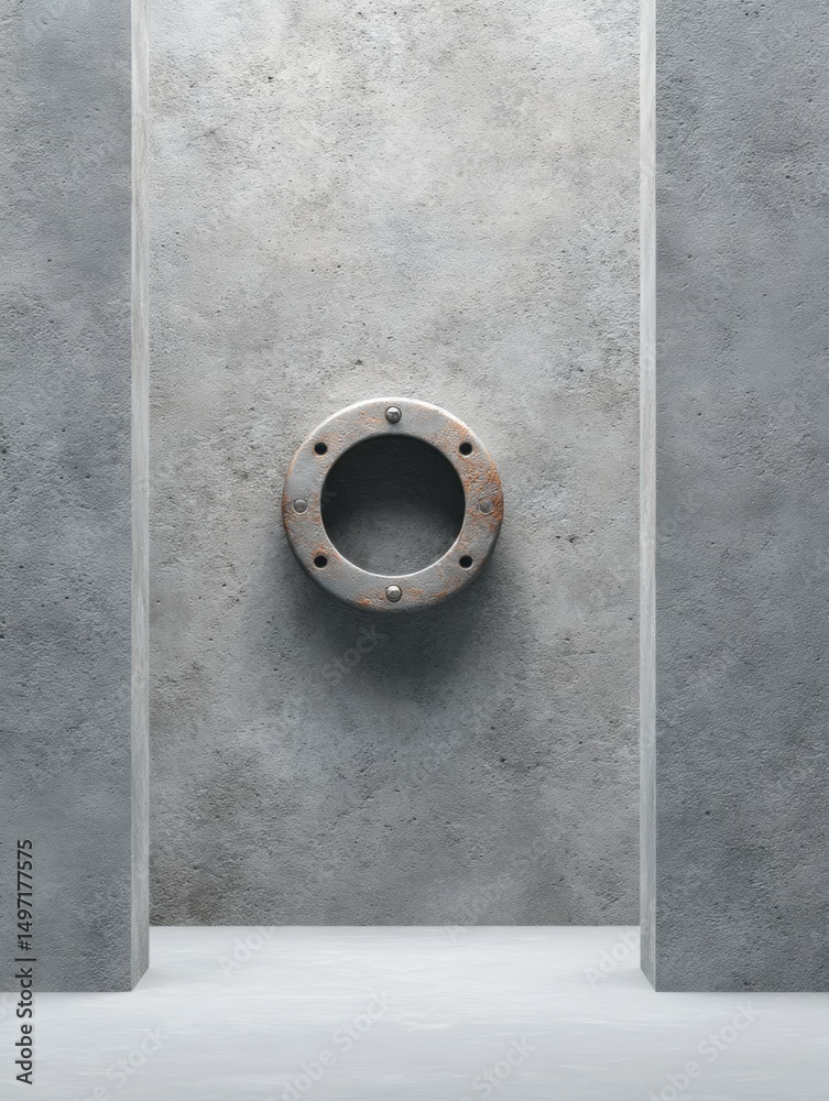 Poster brutalist cybersecurity concept industrial porthole integration in minimalist concrete architecture 