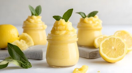 Delicious Lemon Curd in Jars with Fresh Lemon Slices